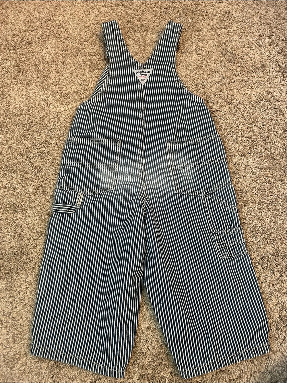 Vintage OshKosh B'gosh Hickory Stripe Vestbak Denim Overalls - Size 18 Months